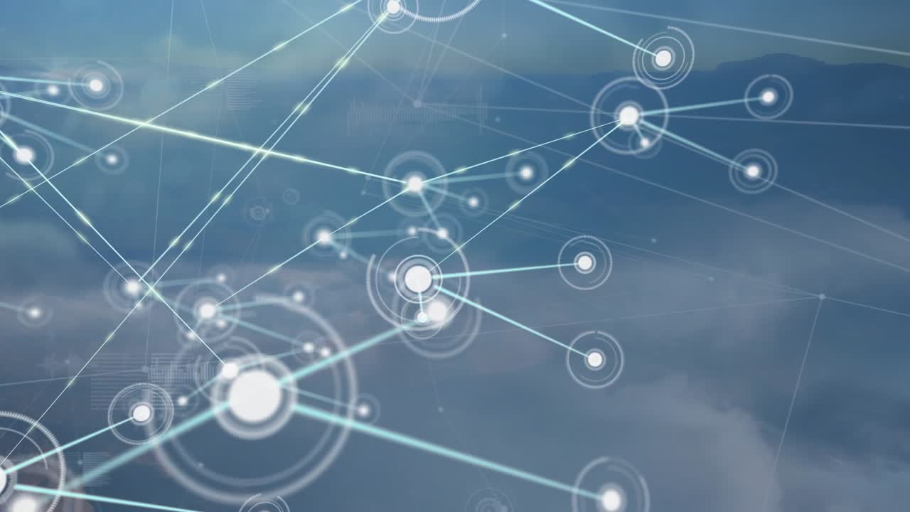 Animation of network of connections over clouds background