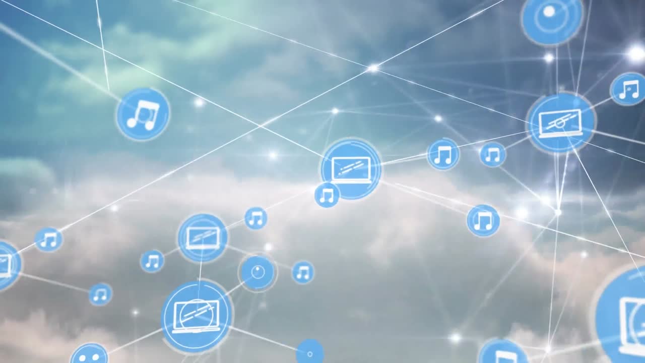 Animation of networks of connections with icons over sky