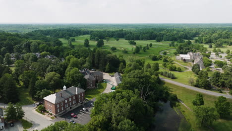 establishing aerial view of the fort golf resort golf course in indiana, forward