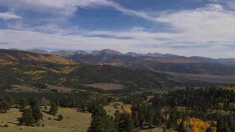 drone rising up above vast beautiful landscape covered in forest of aspen trees and spruce