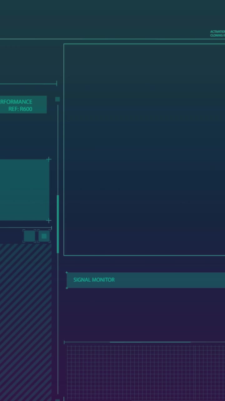 Animation of data processing over screens on dark background