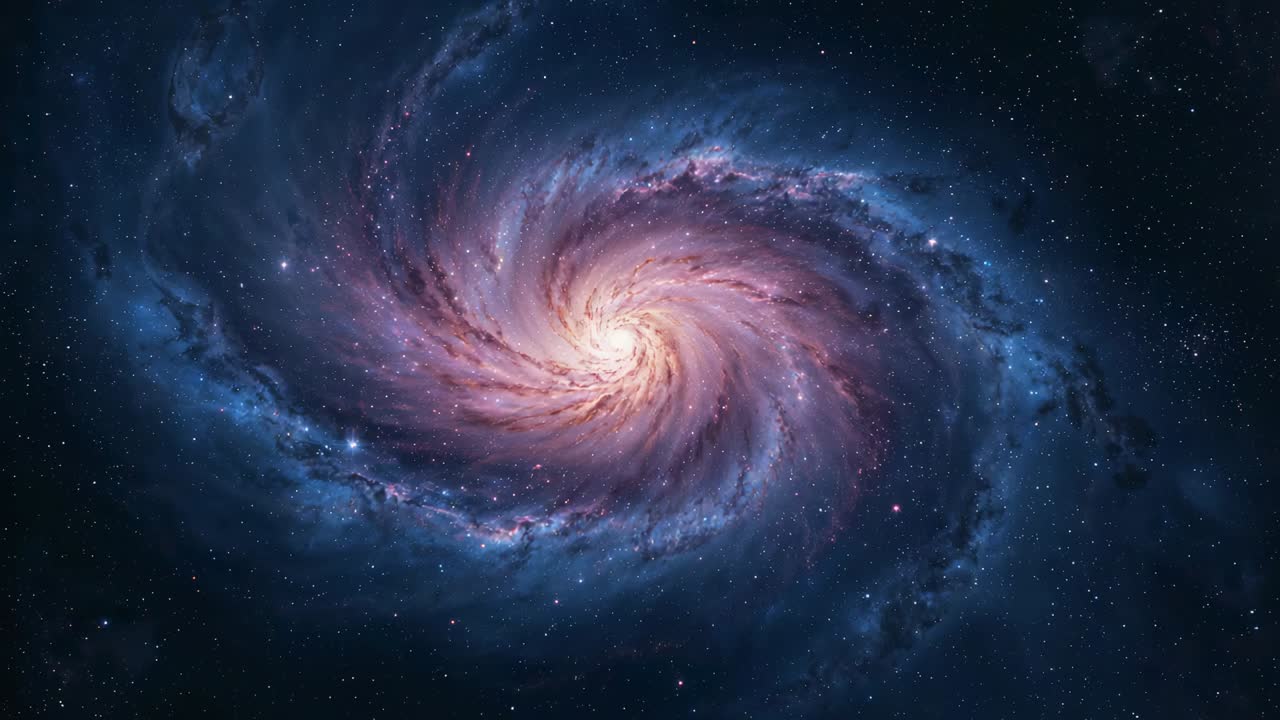 Roterende spiralgalakse, der flytter arme, mens frames bevæger sig fremad i space, og viser lys kerne og støv