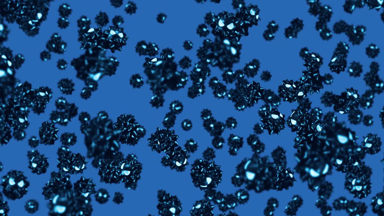 파란색 배경의 만화 캐릭터에서 많은 바이러스를 날아다니는. 의학 개념. 화를 내는 재미있는 검은 바이러스 마스코트. 3d 루프 애니메이션.