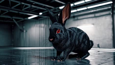 black rabbit with red eyes in a futuristic setting