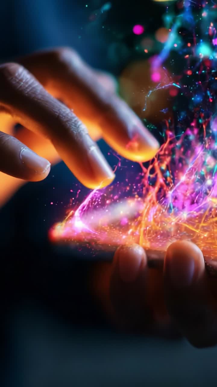 Captivating Hands Manipulating Energy and Light from a Smartphone, Creating a Beautiful Display of Colorful Particles and Transformative Digital Effects