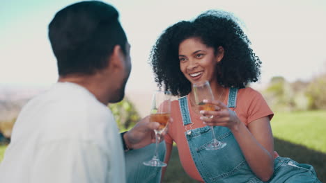 Cheers,-picnic-and-champagne-with-couple-in-nature