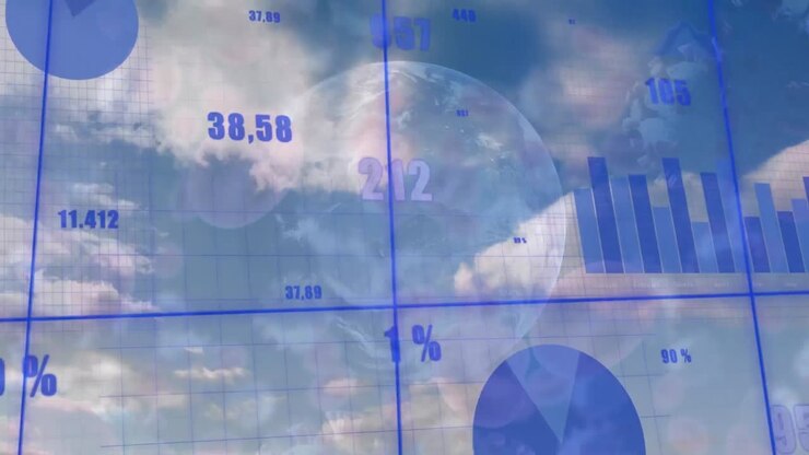 Animation of financial data processing over globe and virus cells