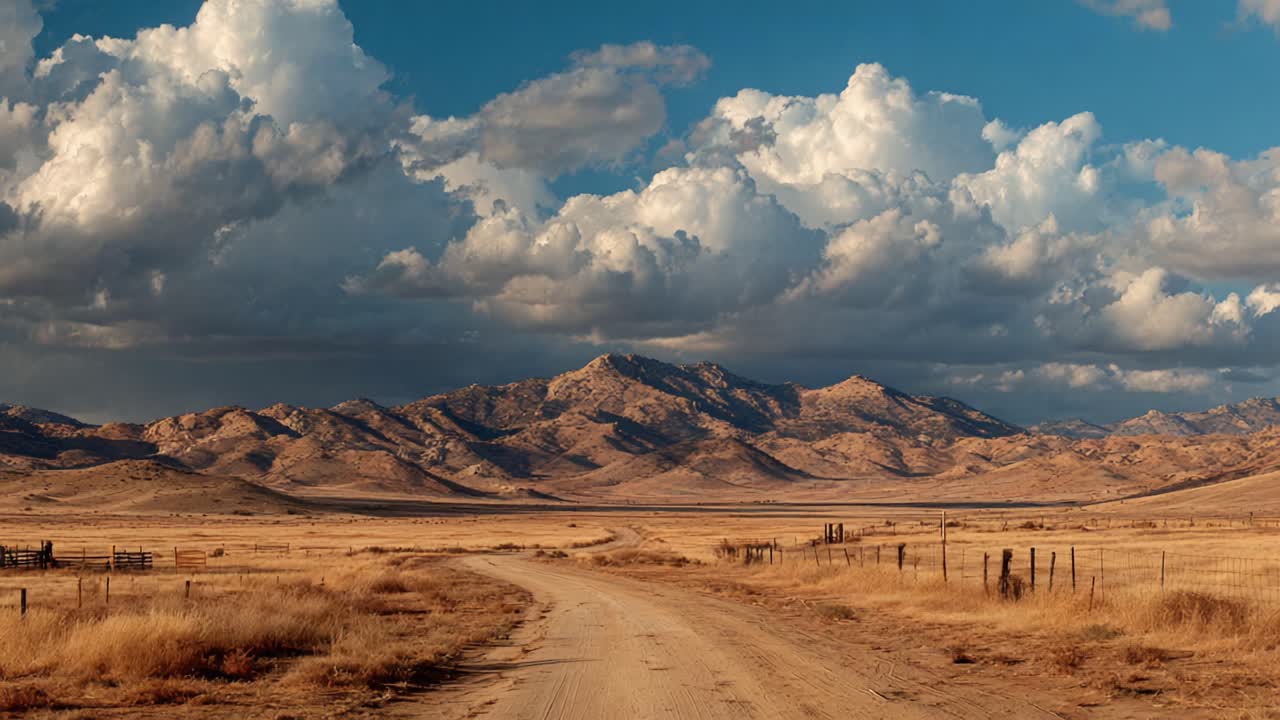Breathtaking Panoramic View of Serene Desert Road Leading to Majestic Mountains Under Dramatic Cloudy Sky in Rural Landscape