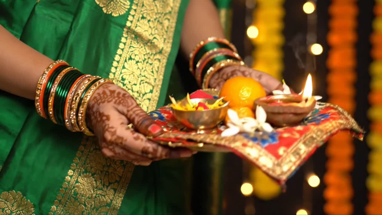 Donna in sari che tiene in mano un tradizionale Thali Puja indù