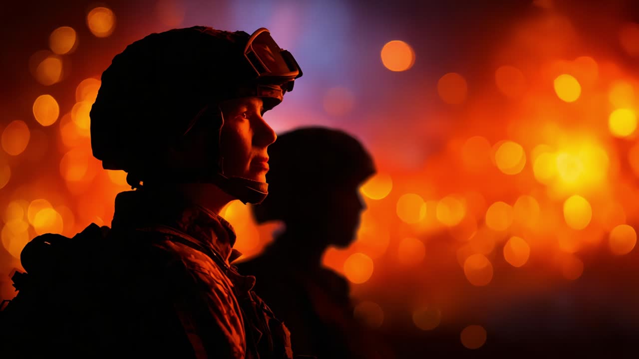 In the midst of chaos and fire, two soldiers stand steadfast, silhouetted against a backdrop of flickering flames and glowing embers, epitomizing courage, valor, and resilience in the face of adversity