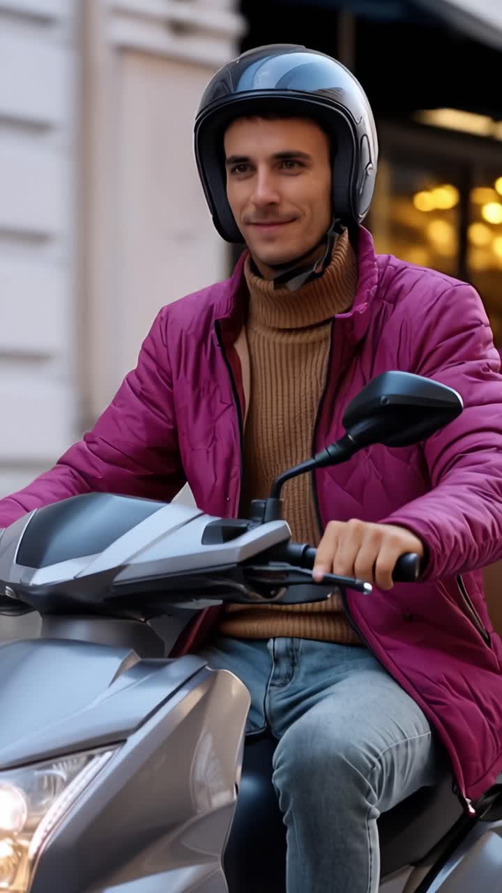 A Young Man Wearing a Helmet and Casual Attire Riding a Scooter on a City Street, Exuding Confidence and Style Amidst Urban Environment and Motion