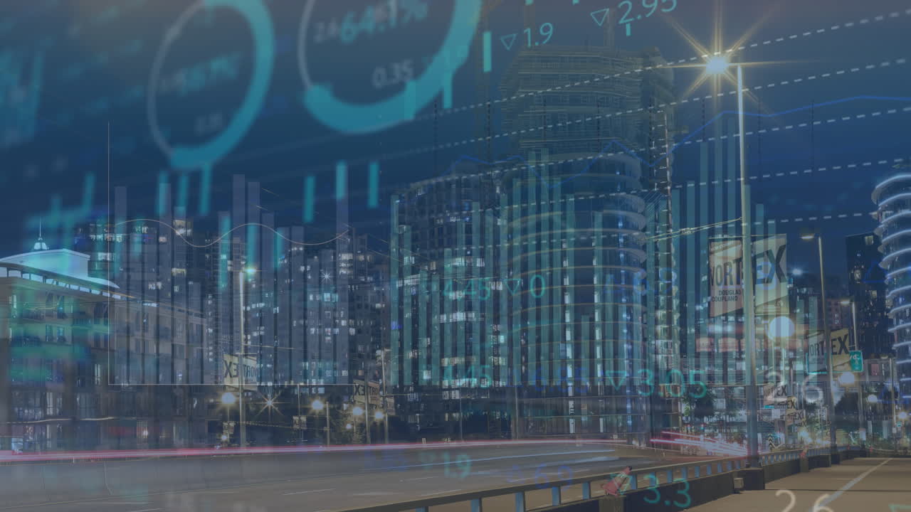배경에 조명 된 건물 위에 거래 보드와 인포그래픽 인터페이스의 애니메이션