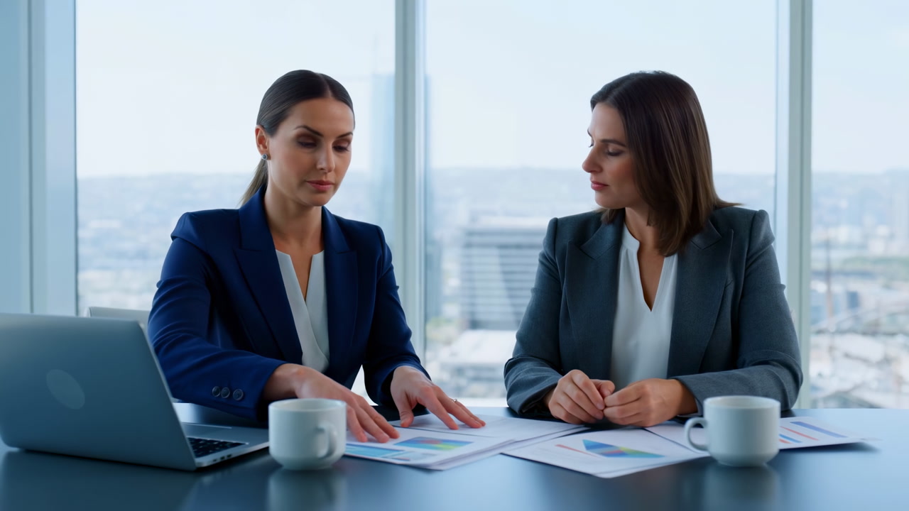 Two Caucasian Women Executives Review Reports In Highrise Office With Laptop And Charts On Desk, City Skyline