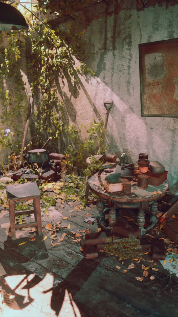 habitación abandonada cubierta de vegetación