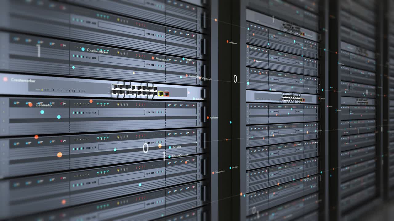 cerrar un servidor moderno en un centro de datos. un bucle sin costuras futurista.