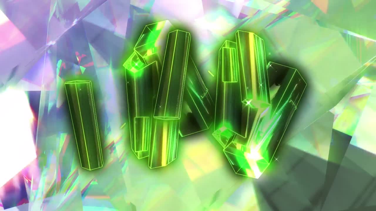 크리스탈 위로 움직이는 녹색 크리스탈의 애니메이션