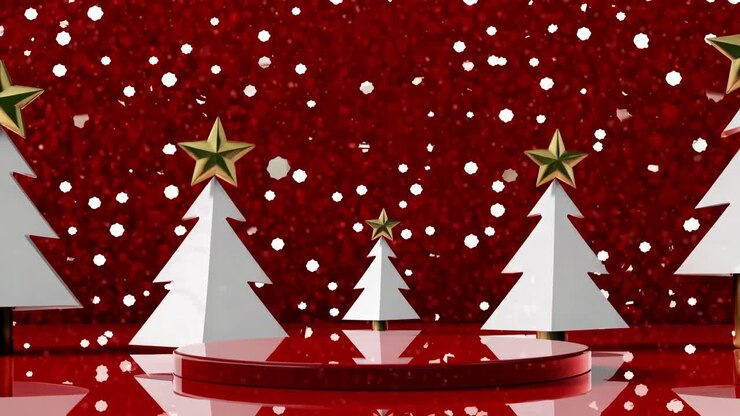 Festive video scene with low-angle view of white Christmas trees and gold stars on a red background