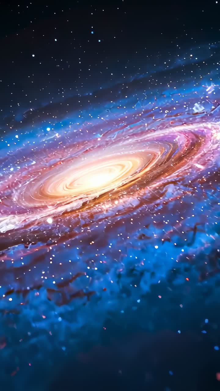 Vertical video: Initiating camera zoom tilted galaxy in deep space revealing gold core purple arms