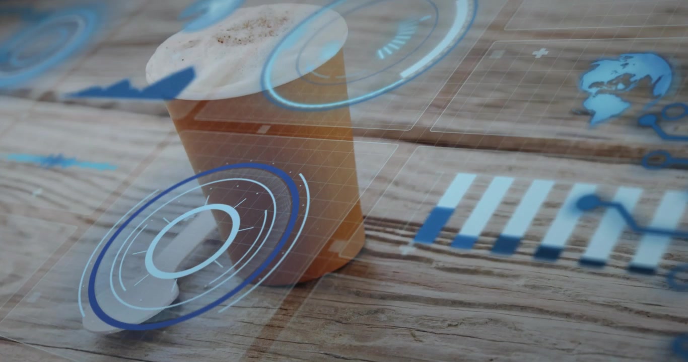 Círculo azul tenue apareciendo, HUD animándose sobre una taza y un agitador, la taza moviéndose hacia arriba, mostrando datos