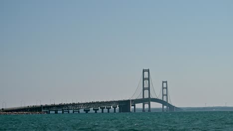 Mackinac-Bridge-landscape-from-shoreline,-Michigan