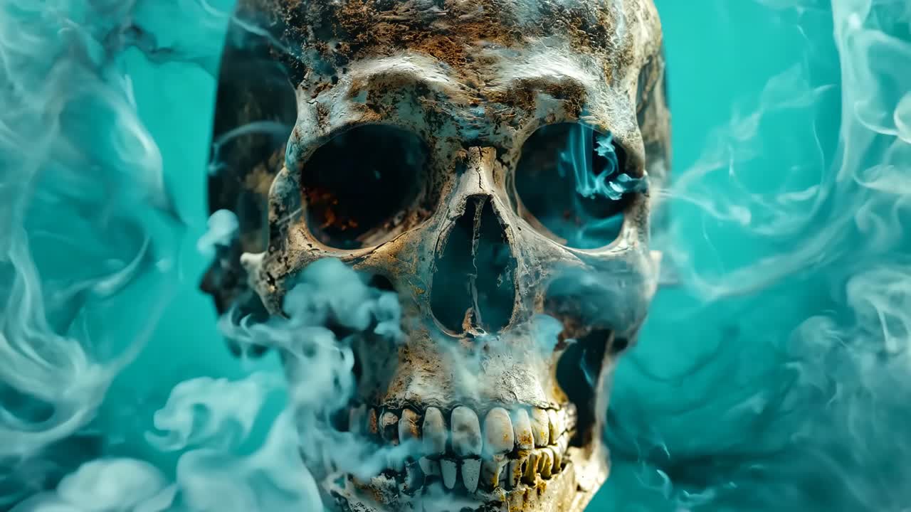 un cráneo en el humo sobre un fondo azul