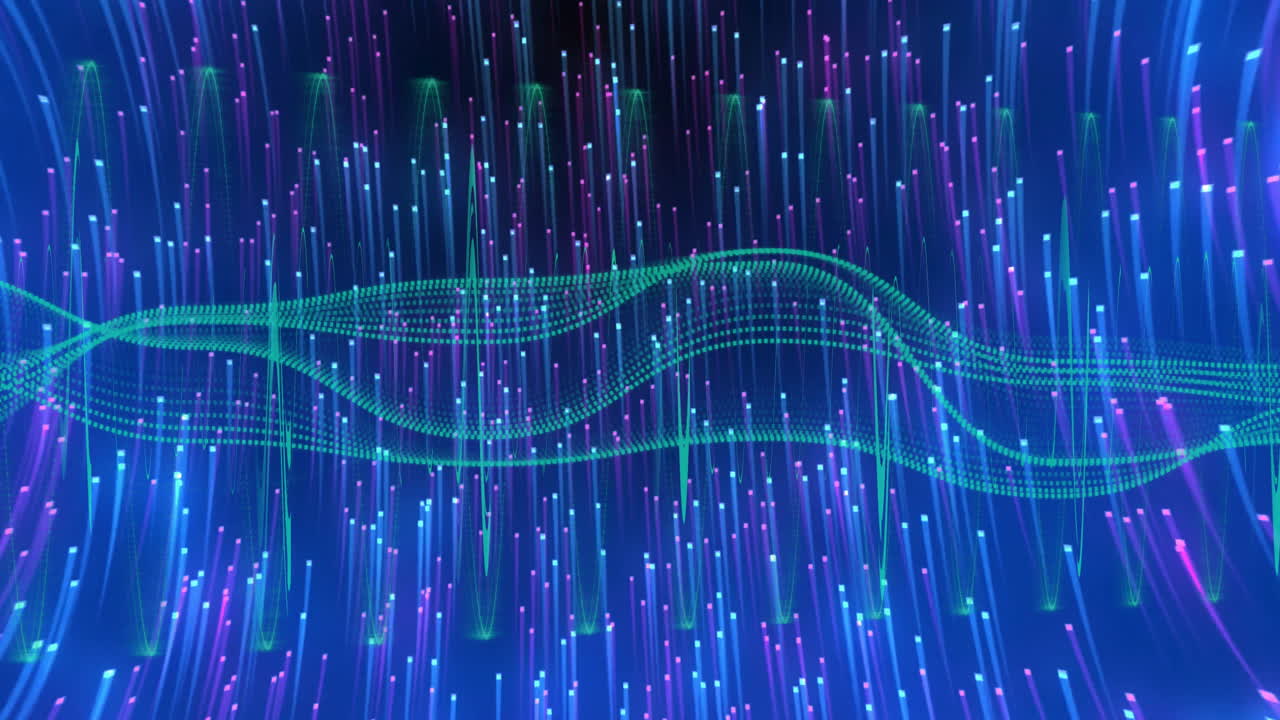 Flowing digital wave animation over vertical light streaks in blue and purple