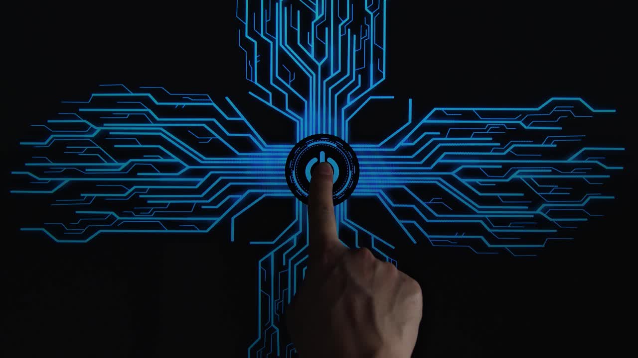 Top View, Human Finger Pushes Touch Digital Power Button With Futuristic Artificial Intelligence Spreading Through Internet. Visualization Of Machine Learning, Computer Technology, Neural Network