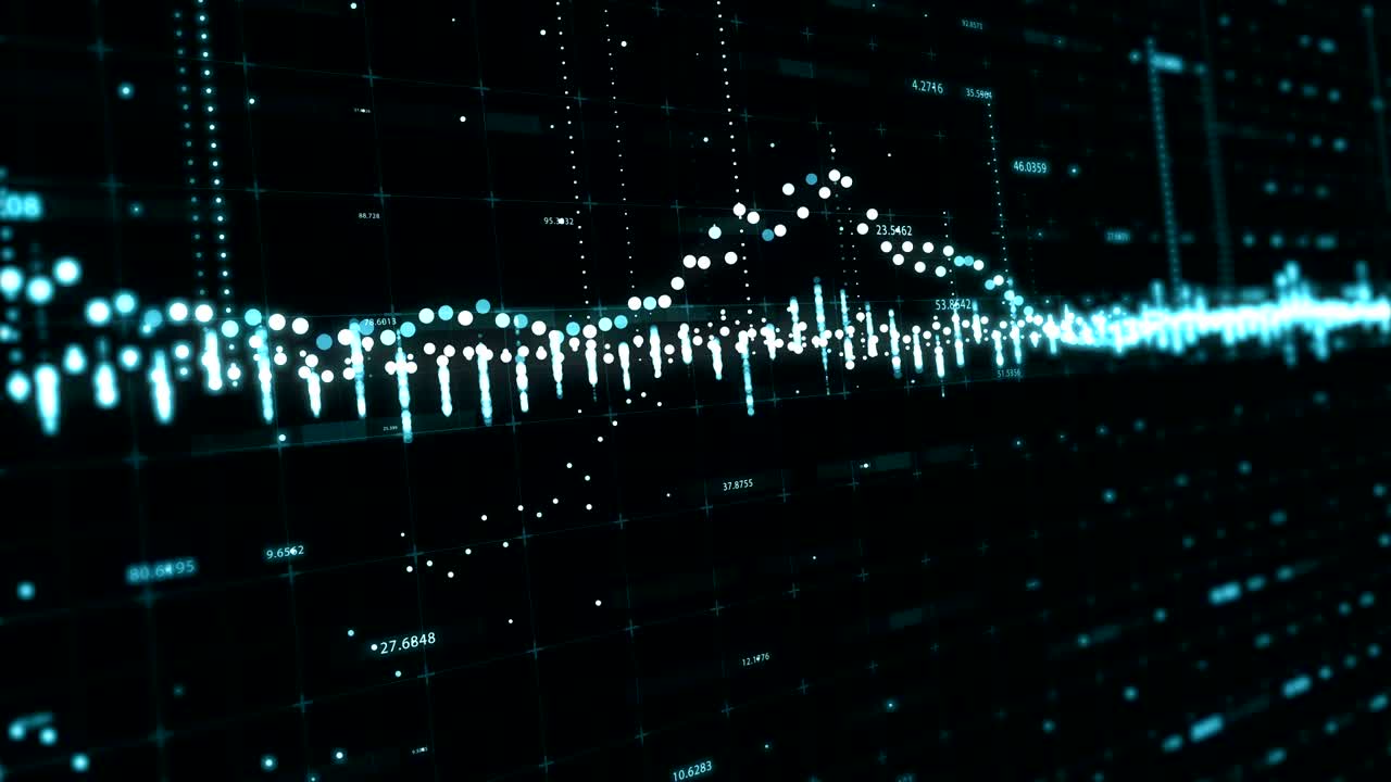 Abstract background with floating graph flowing counters of numbers and equalizer