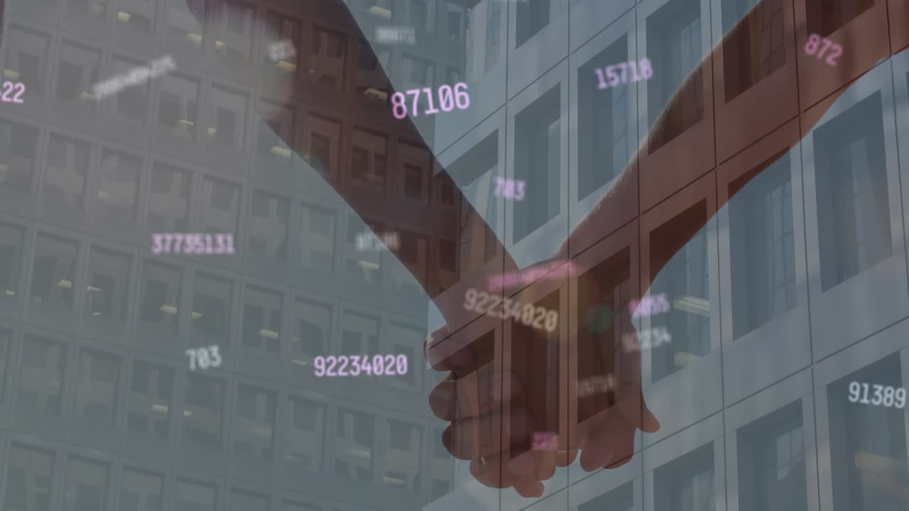 Animation of changing numbers over building and diverse couple holding hands against sky