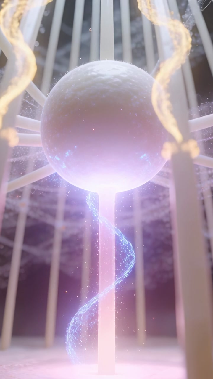 Vertical video: Pink glow sparking blue helix around stem, white orb emitting gold ribbons in cage
