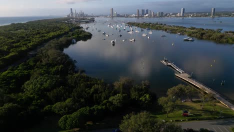left to right aerial view over doug jennings park looking south towards surfers paradise, gold coast, australia.