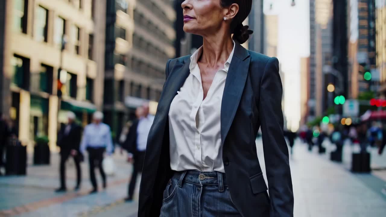 A confident woman in business attire stands in a bustling city street