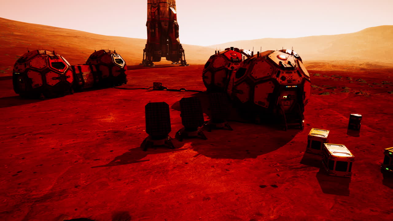 Martian base with habitat modules and equipment during a solar event