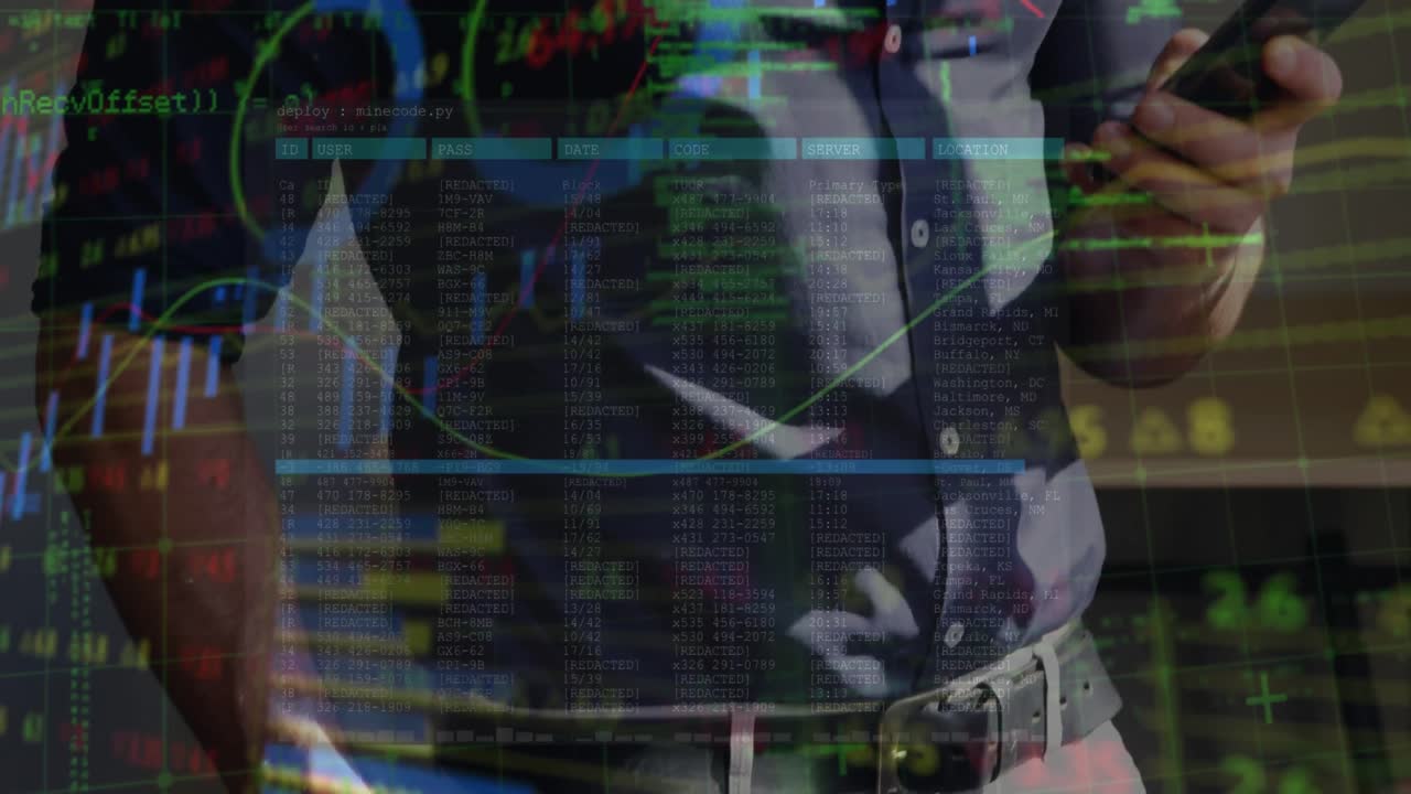 procesamiento de datos financieros contra la sección media de un hombre que usa un teléfono inteligente