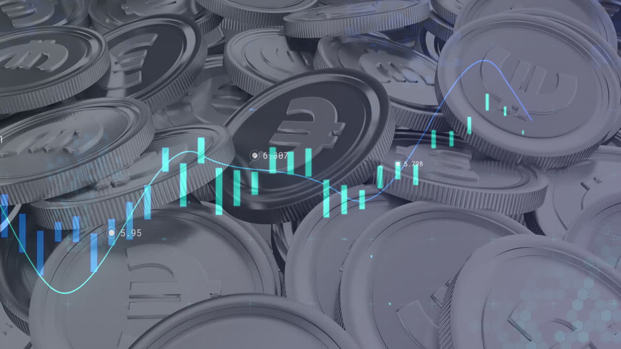 ユーロ硬貨を背景とした金融データ処理のアニメーション