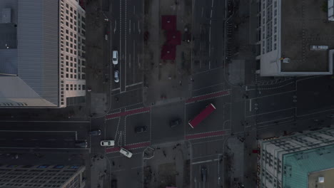 Aerial-Birds-Eye-Overhead-Top-Down-View-of-City-Street-in-the-Center-of-Berlin,-Germany-after-Sunset,-Scenic-Drone-Shot