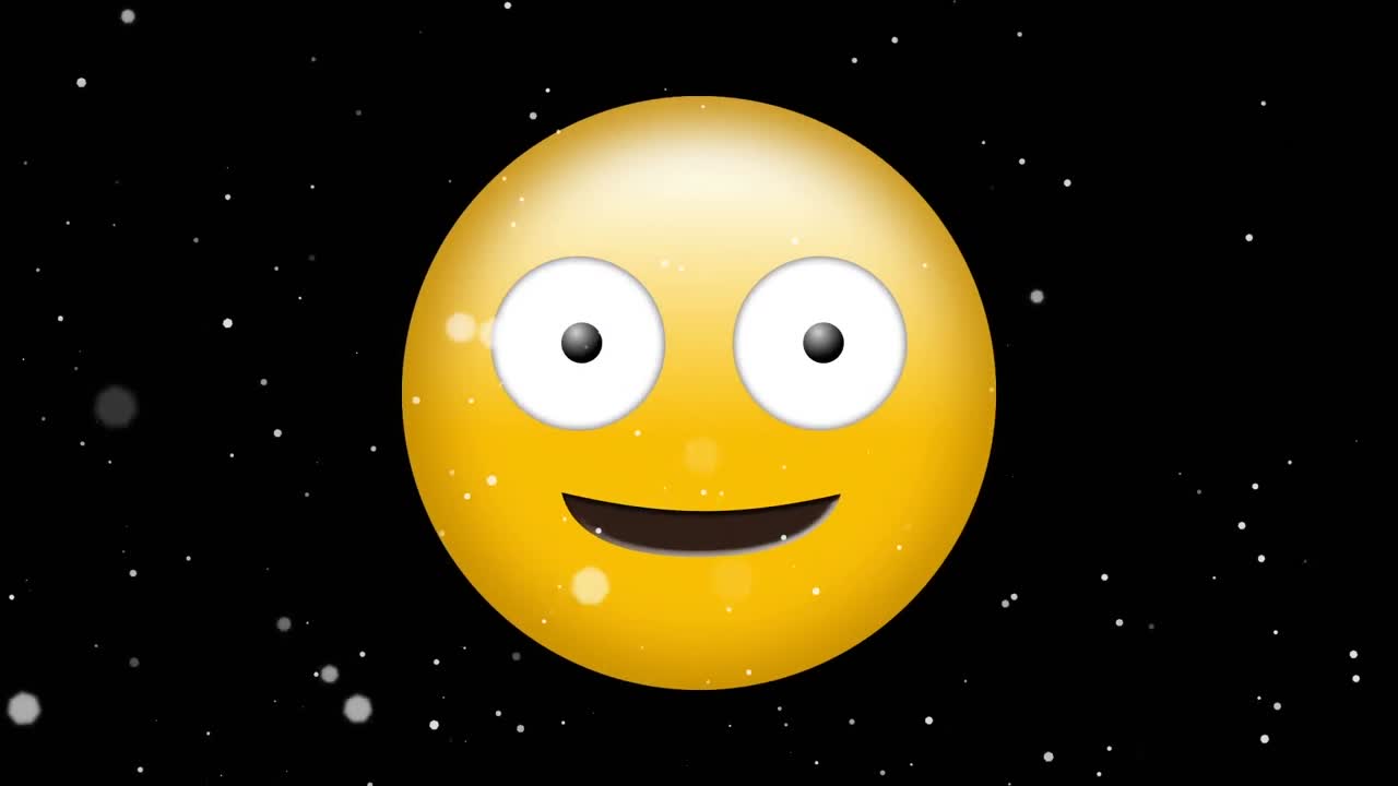 Animation of smile emoji icon over falling white spots on black background