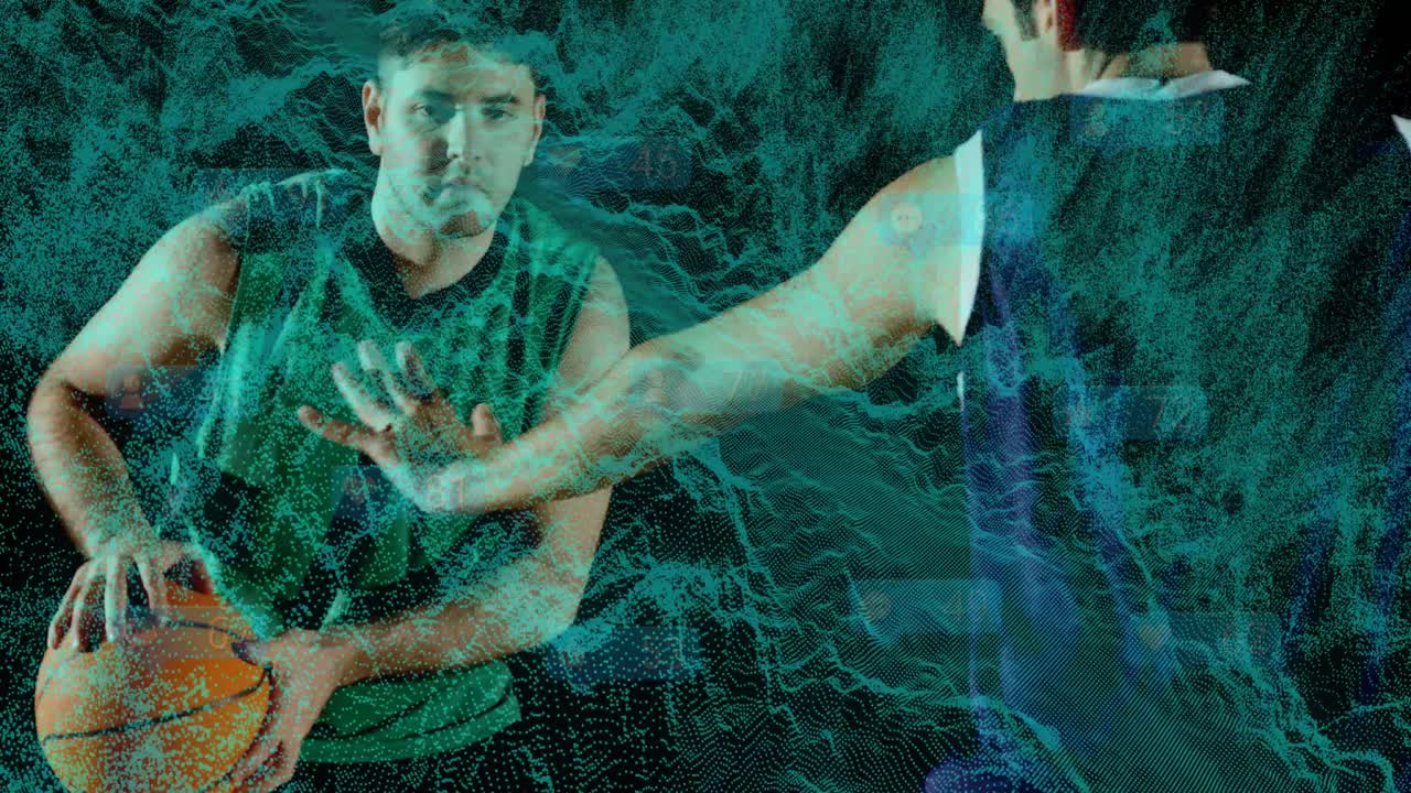 Tirador con camiseta verde regateando, activando gatillos cambiantes mientras un rival deportivo disputa el tiro sobre ondas digitales