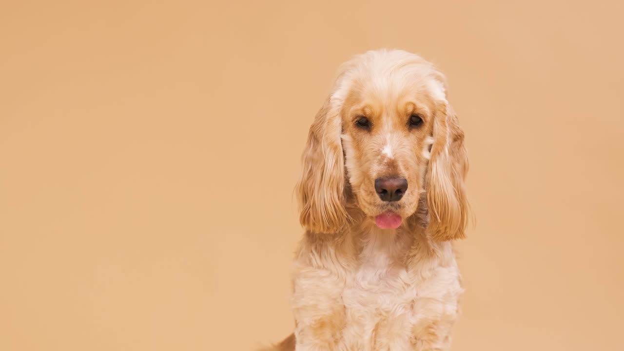 Cute brown English Cocker Spaniel dog on beige background with copy space