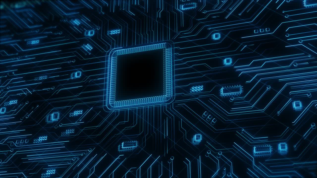 Futuristic circuit board technology luminous chip structure electric flow data artificial