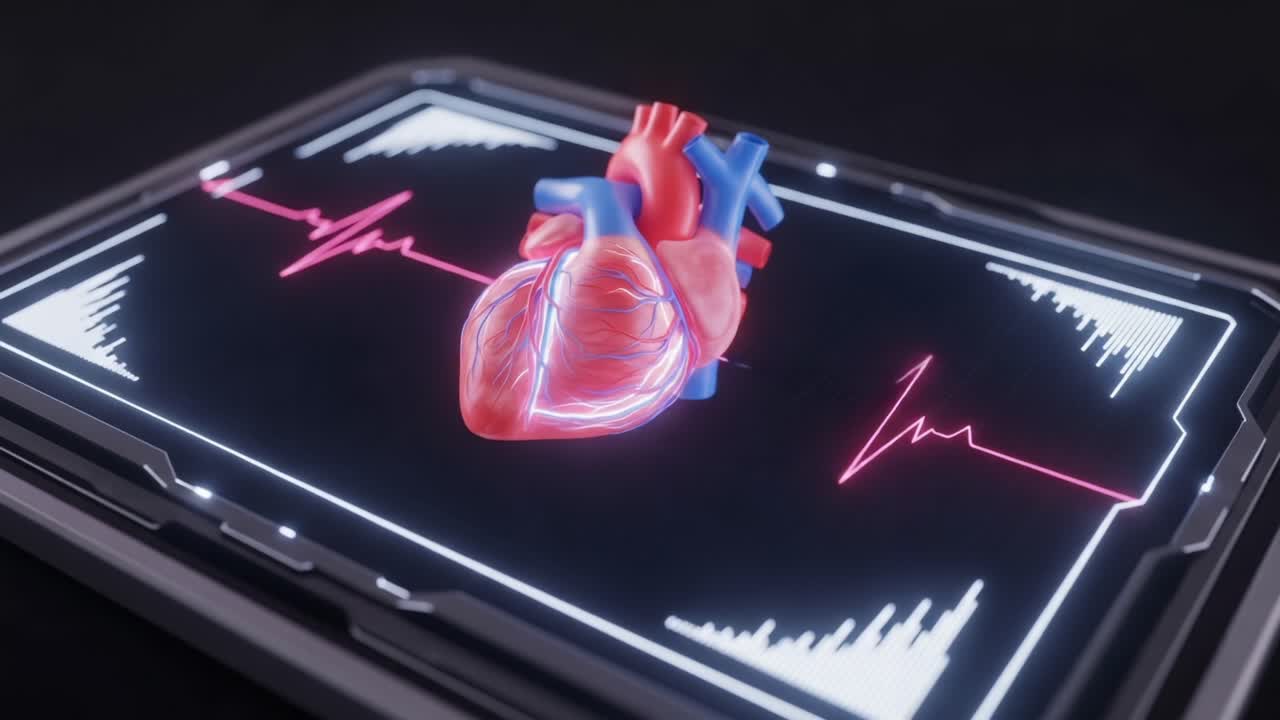 Realistic 3D Model of a Human Heart with Cardiac Rhythm Visualization on a Futuristic Monitor, Showcasing the Pulse and Anatomical Details for Educational Purposes
