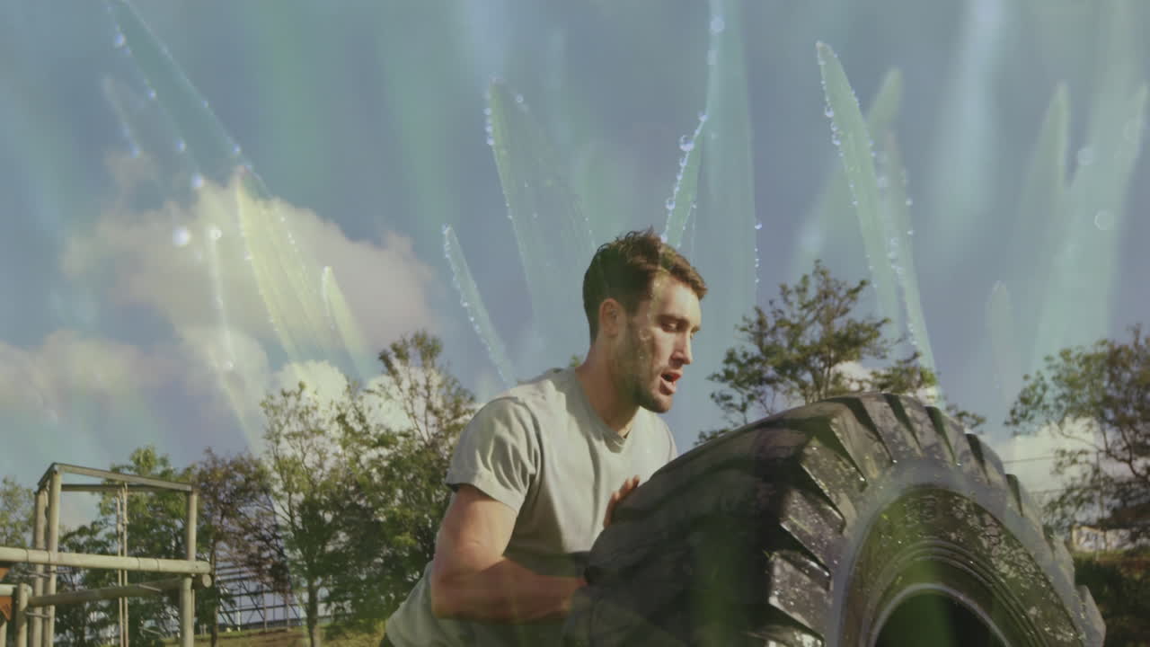 Exercising outdoors, man with animation of abstract green light effects