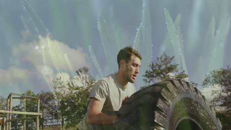 exercising outdoors, man with animation of abstract green light effects