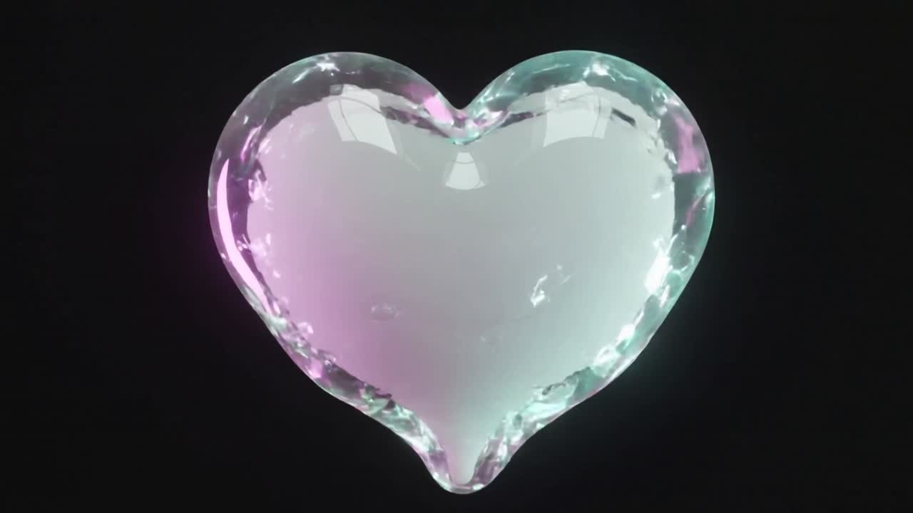 Touching glassy spheres merging to form glassy heart on black void with rectangular rim highlights