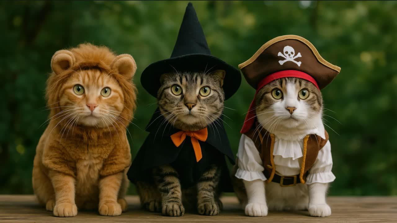 Three cats in lion, witch, and pirate costumes sit on a wooden surface