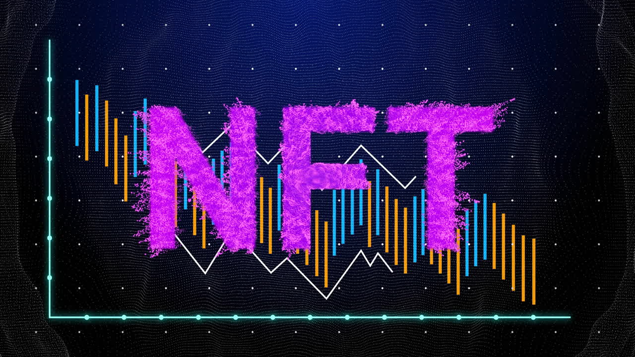 Lettere NFT magenta sfocate evidenziate su barre ciano-arancioni con un grafico a linee bianco in movimento.