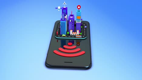 wireless smart city. high speed network. skyscrapers on smart phone. loop.