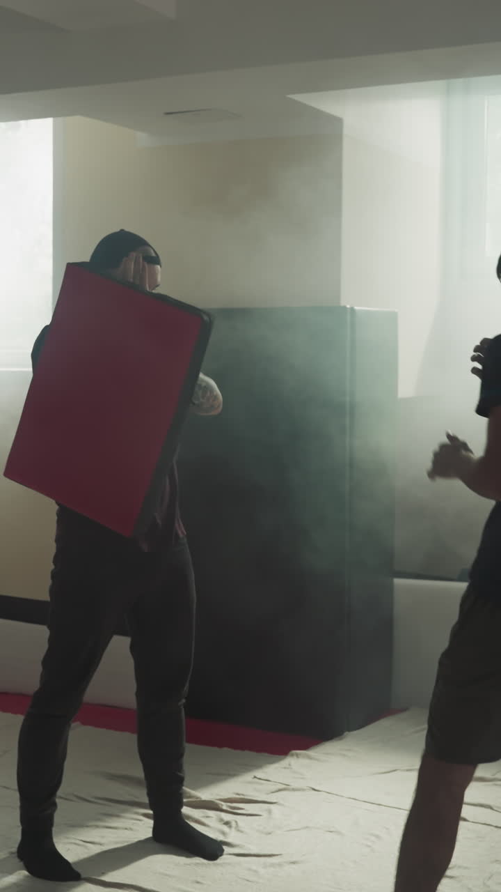 el equipo de artes marciales entrena con equipo deportivo en el gimnasio. los deportistas hábiles hacen golpes y patadas haciendo ejercicio en movimiento lento de club de niebla. atletas musculares