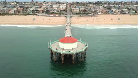 Gente-En-El-Muelle-De-La-Playa-De-Manhattan-Con-Acuario-De-Casa-Redonda-En-California,-Ee.uu.