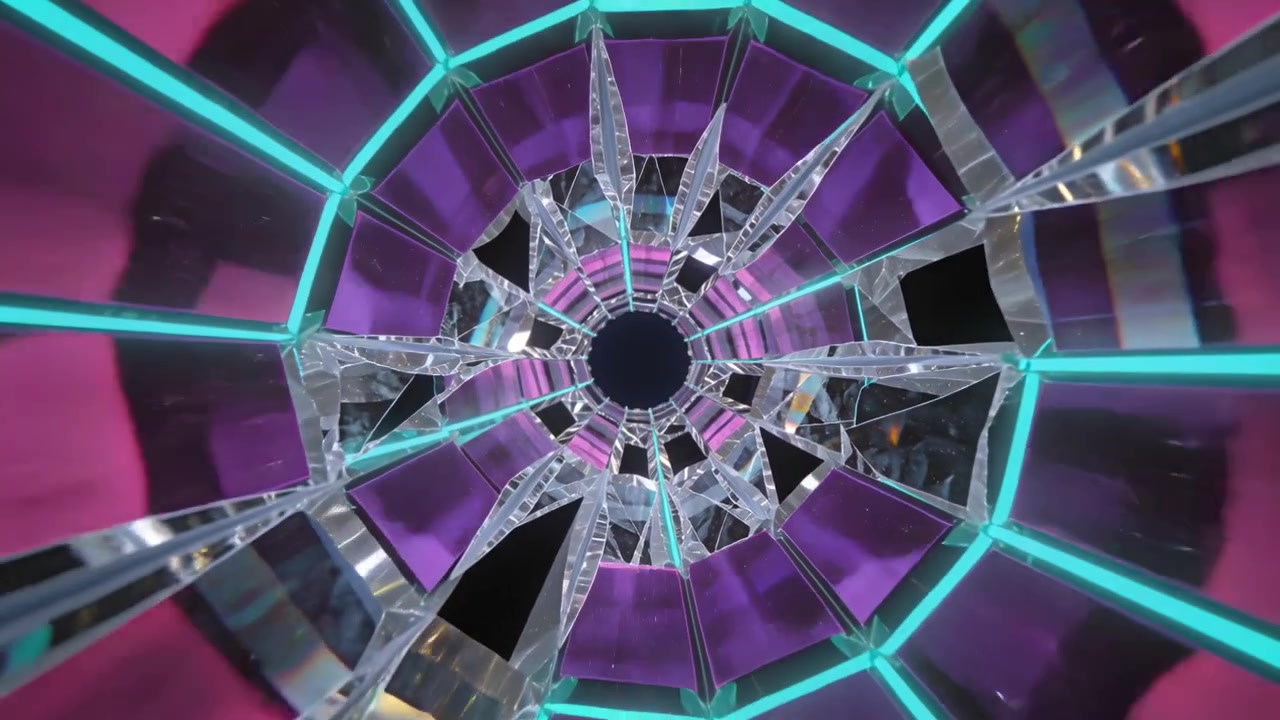 Starting camera moving forward through crystal tunnel, revealing dark aperture and turquoise seams